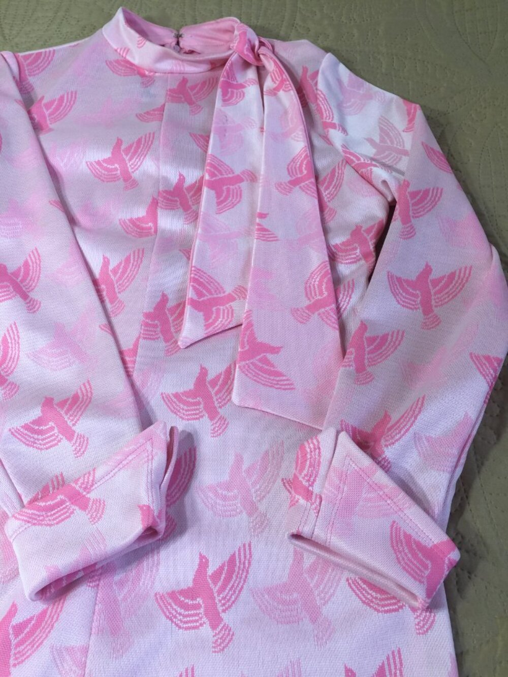 Rare Vtg 60s Leslie Fay Knits Pink Mod Shift Dress, Bird Novelty Print Bow, ILGW - Picture 11 of 12